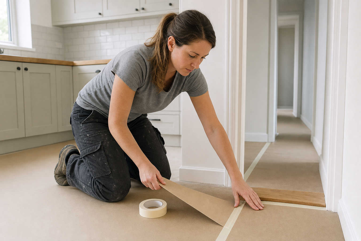 A woman kneels on the floor as she applies masking tape in a modern kitchen.