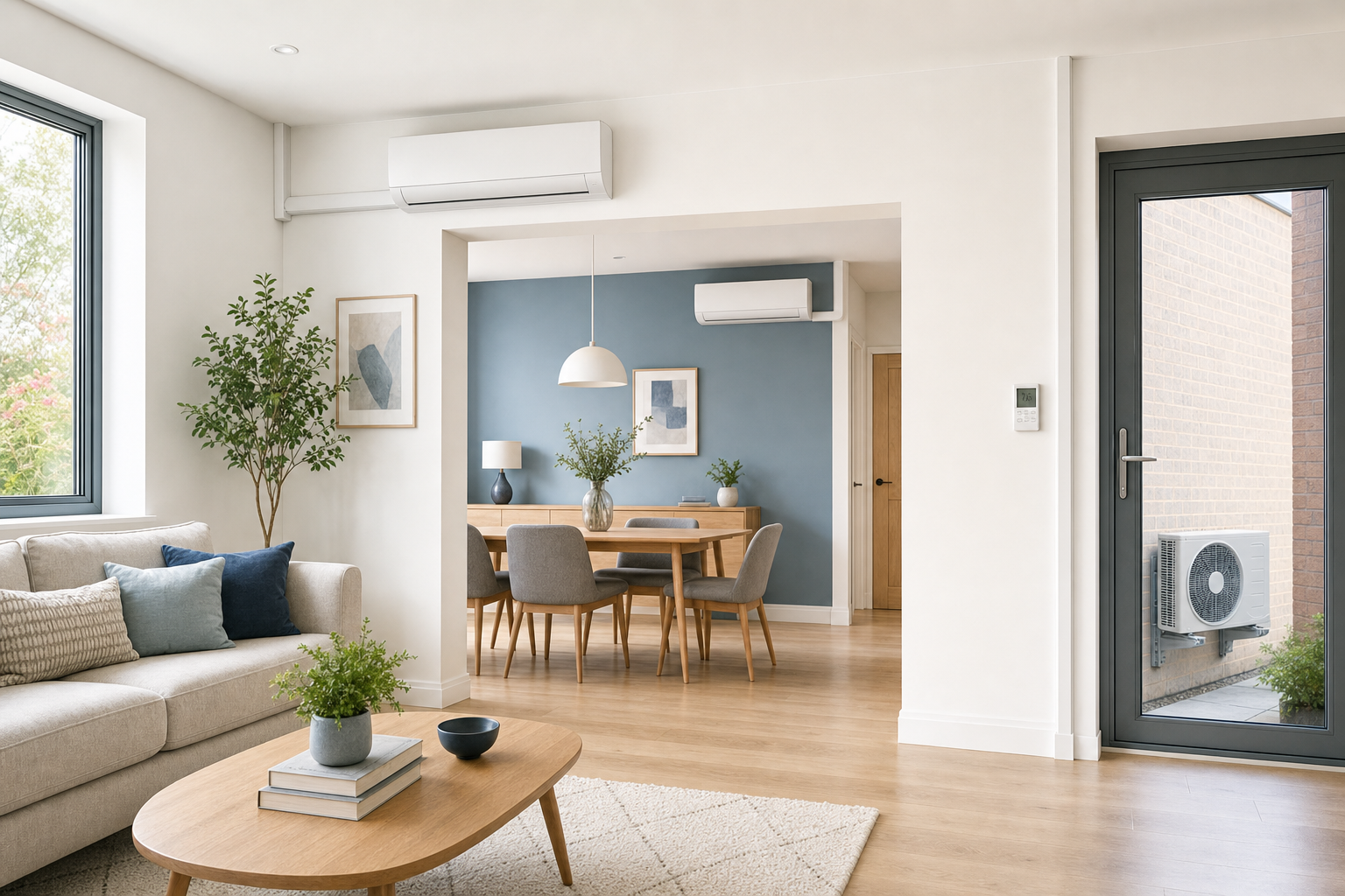 Modern open-plan living and dining area featuring neutral tones, wooden furniture, and an air conditioning unit on the wall.