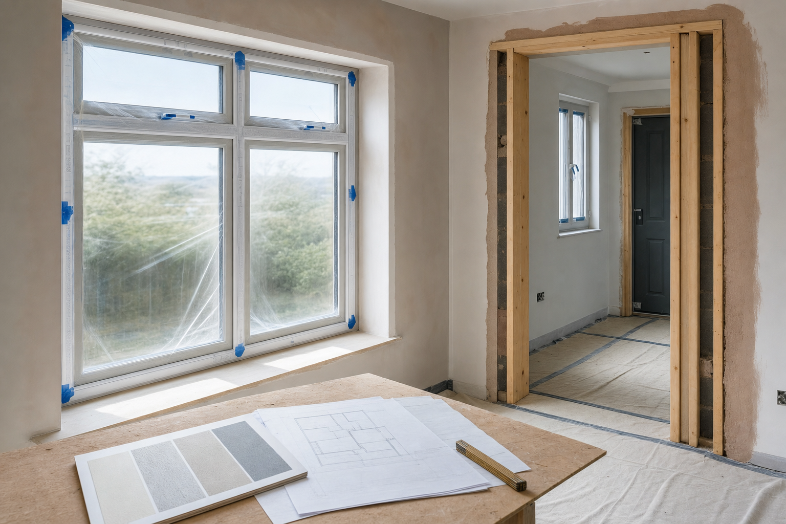Renovation in progress with a partially finished room, large window, plans on a table, and doorway framework visible.