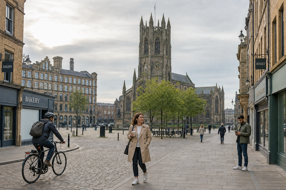 People walking and cycling near a historic church in an urban setting with shops.
