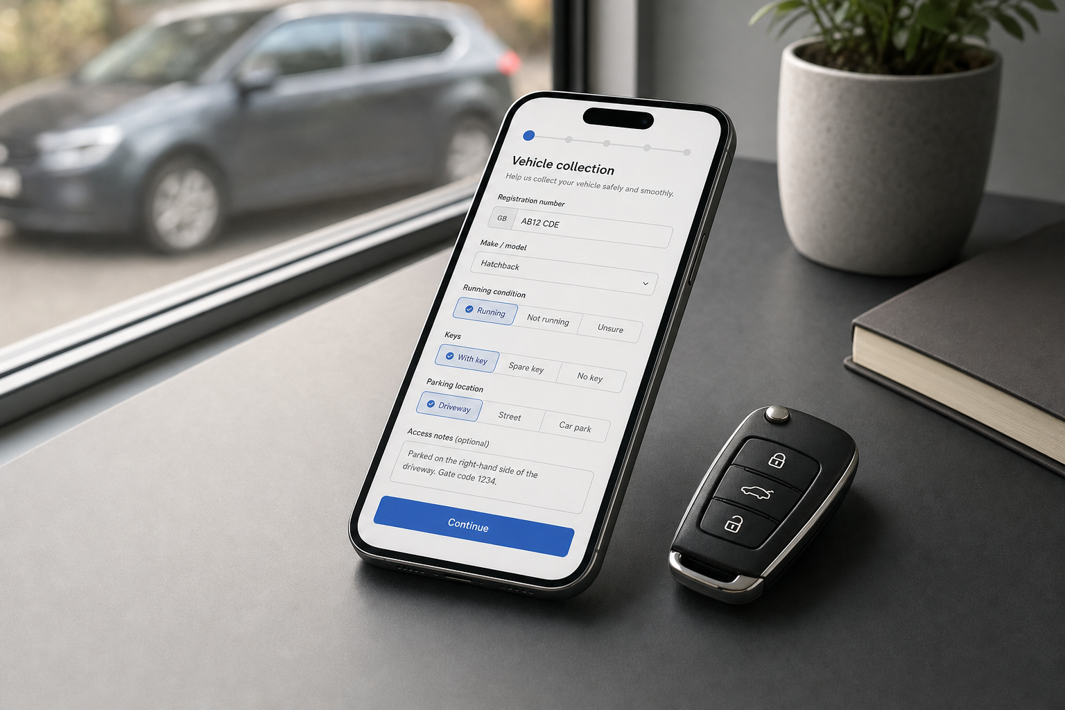 A smartphone displays a vehicle collection form on a table next to car keys, with a car visible through the window.