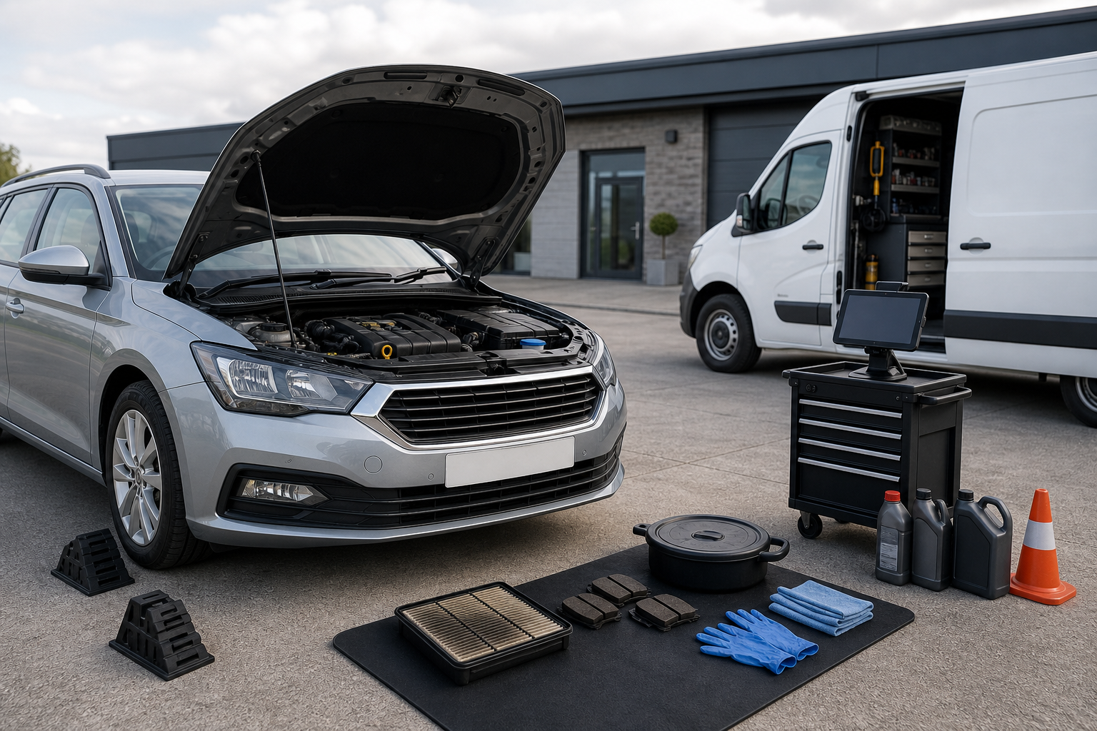 Car with lifted hood and various maintenance tools set up in front of a service van.