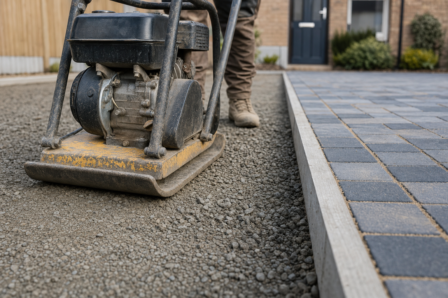 A construction worker uses a plate compactor on a gravel surface next to a newly paved driveway.
