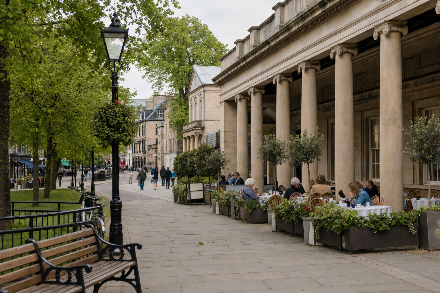 People dining at an outdoor café along a tree-lined street with stone columns and benches in a historic area.