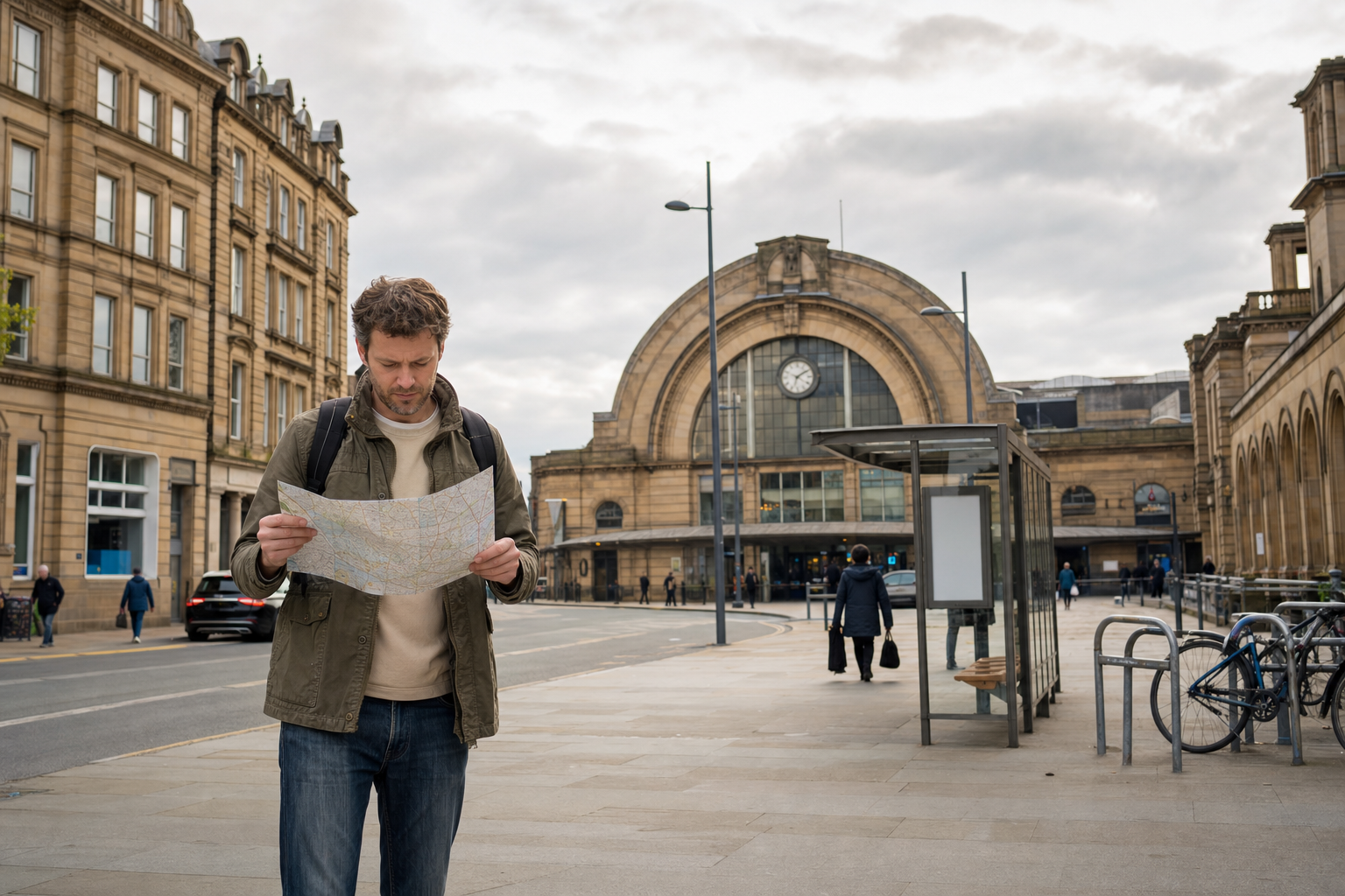 A man with a backpack studies a map in front of a historic railway station.