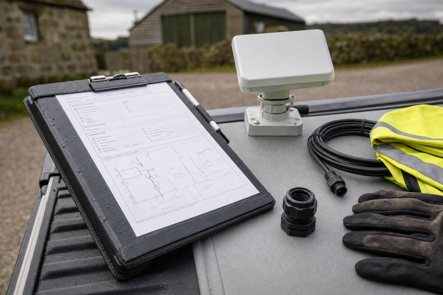 A clipboard with engineering plans, a sensor, cable, hi-vis jacket, and gloves on a work vehicle near rustic buildings.