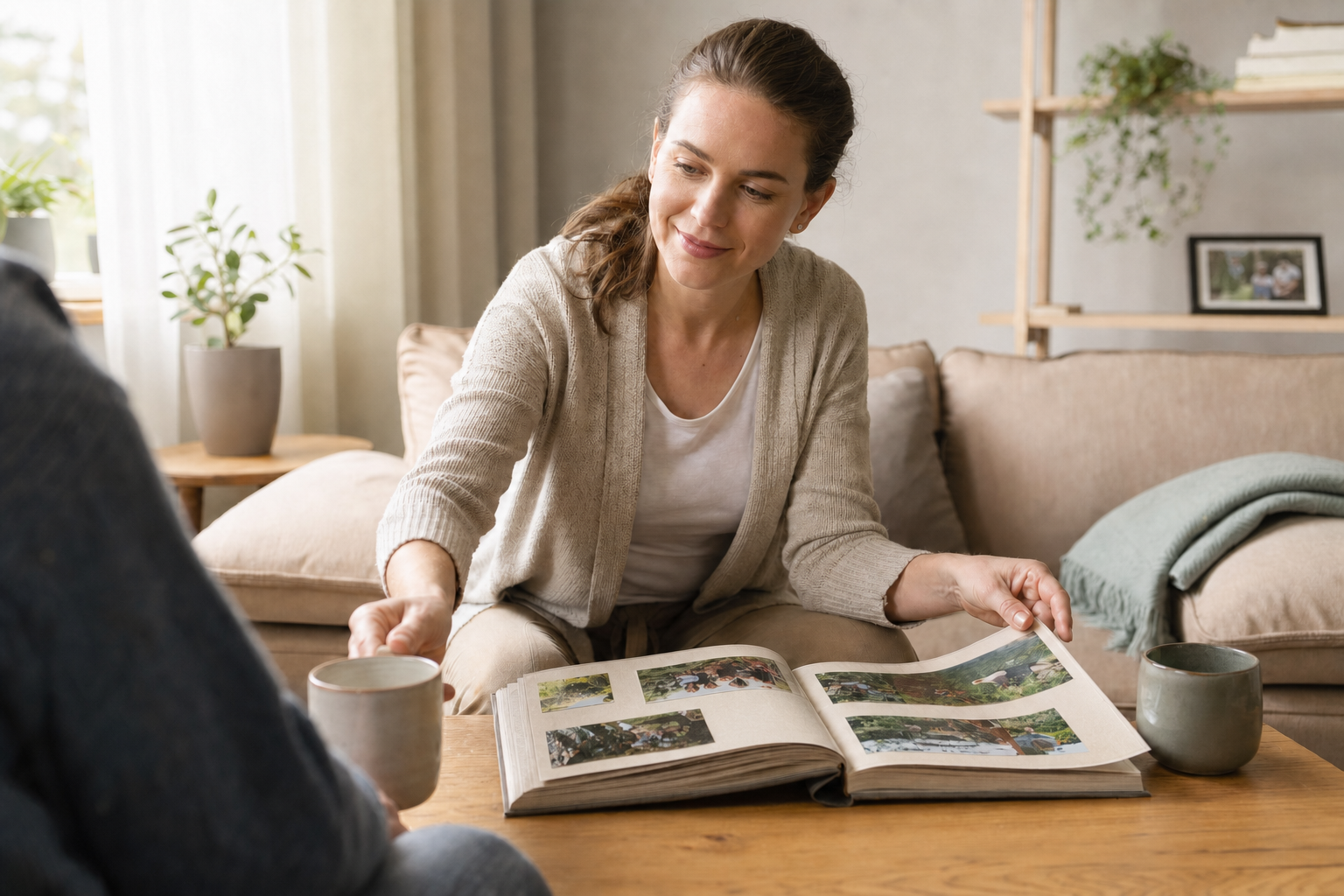 Woman sharing a drink and reminiscing over a photo album in a cosy living room.