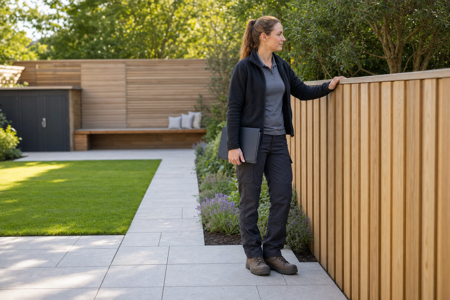 A woman with a laptop inspects a wooden fence in a neatly landscaped garden with a tiled path and green lawn.