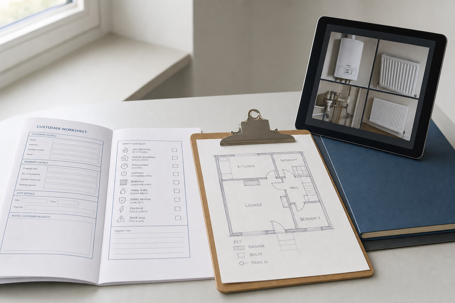 Floor plan on clipboard, customer worksheet, and tablet displaying heating system images on a desk.