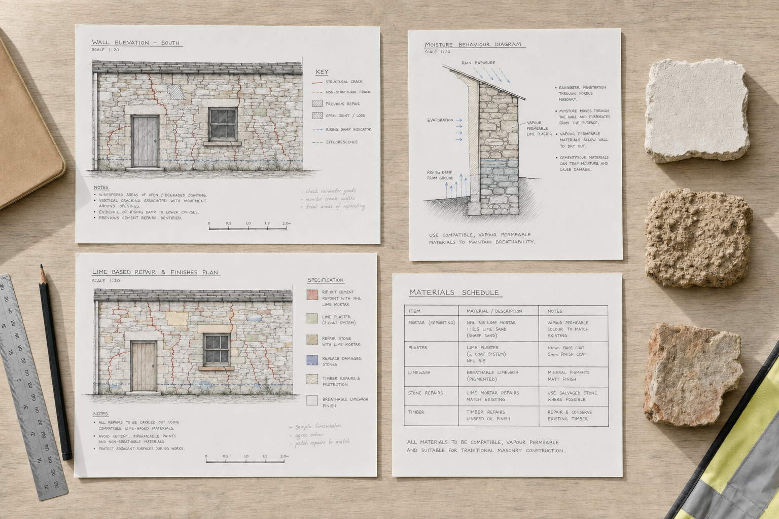 Architectural plans and notes for a stone wall repair project, surrounded by tools and material samples.