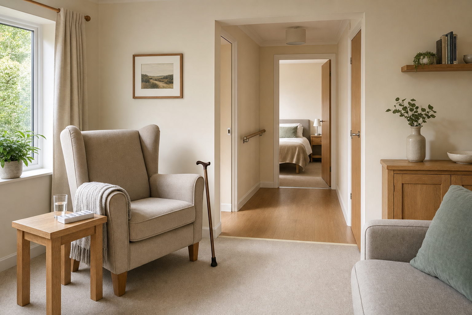 Cosy living room with an armchair, walking stick, and view into a bedroom, featuring neutral tones and wooden furniture.