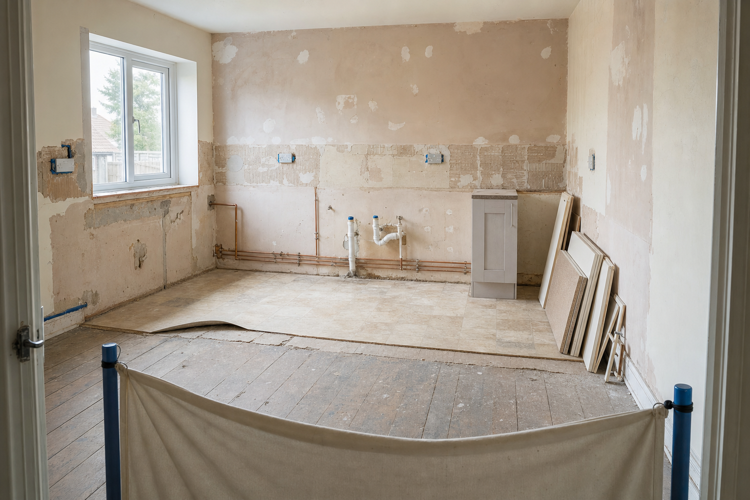 An empty room under renovation with stripped walls and exposed plumbing, featuring a window and some stacked panels.