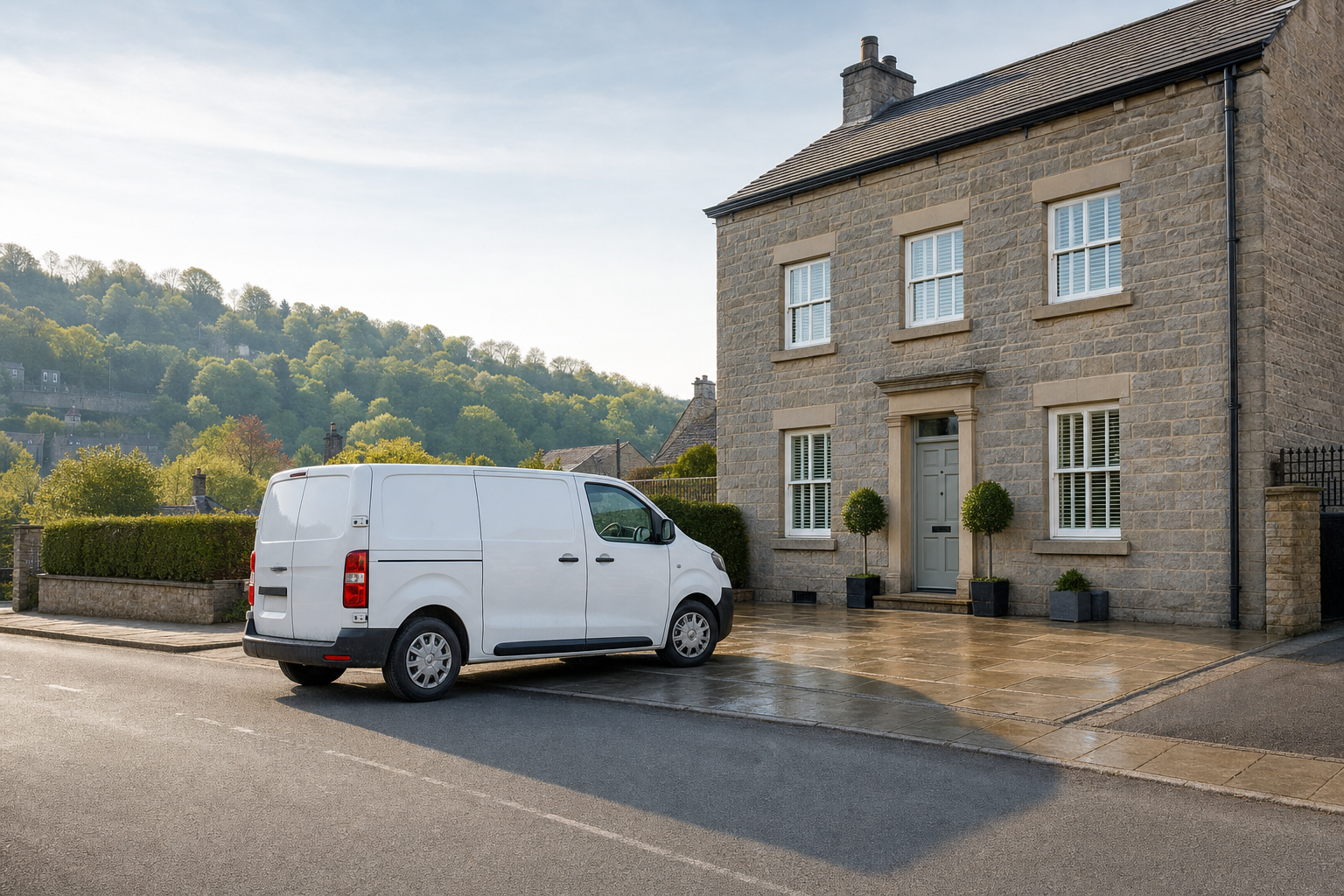 A white van is parked outside a stone house on a sunny day with a green hillside in the background.