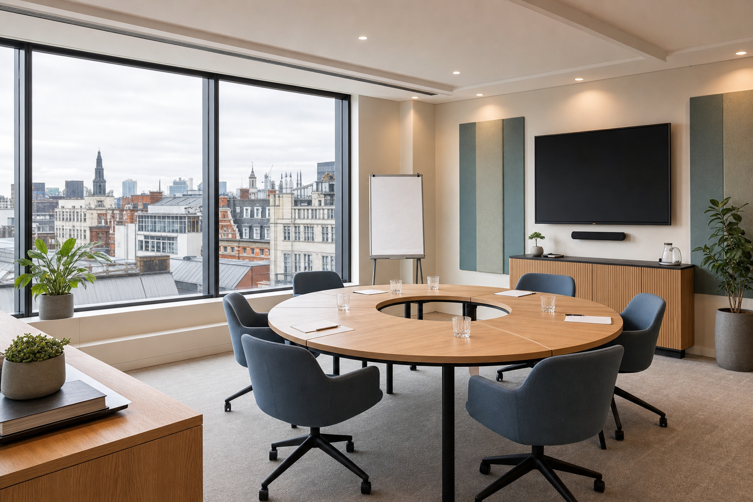 Modern conference room with circular table, chairs, large windows, and cityscape view.