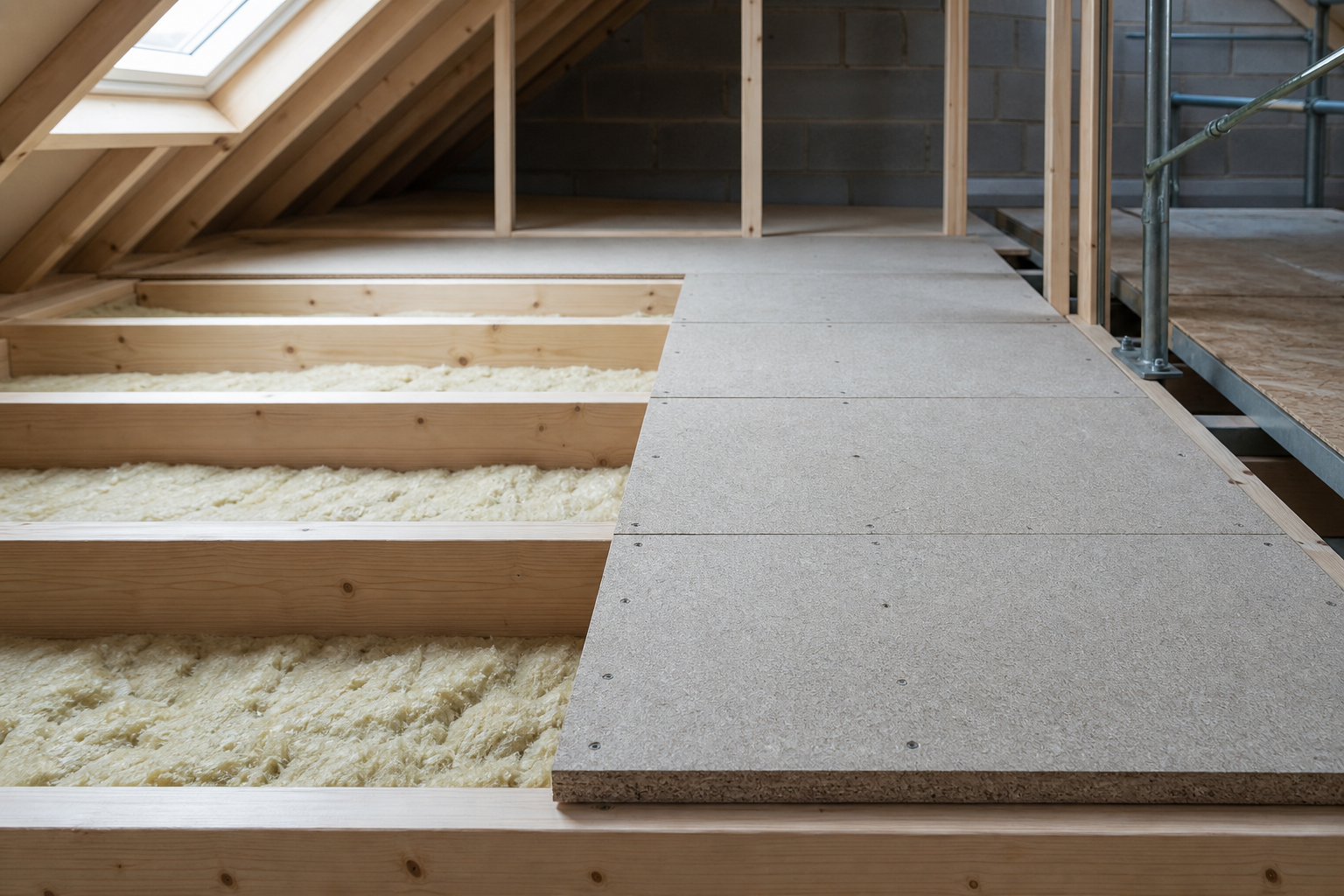 An attic floor with exposed insulation between wooden beams and partially covered with chipboard panels.