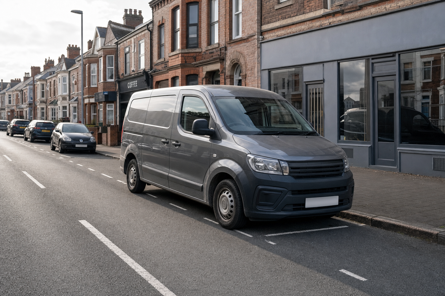 A grey van is parked on a residential street lined with terraced houses and a coffee shop.