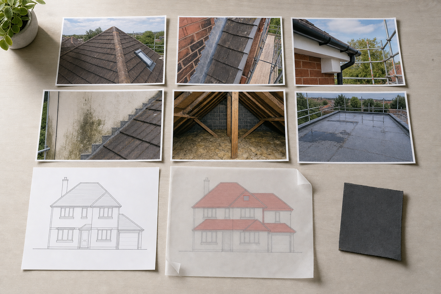 Various roof inspection photos and architectural sketches arranged on a table next to a plant.
