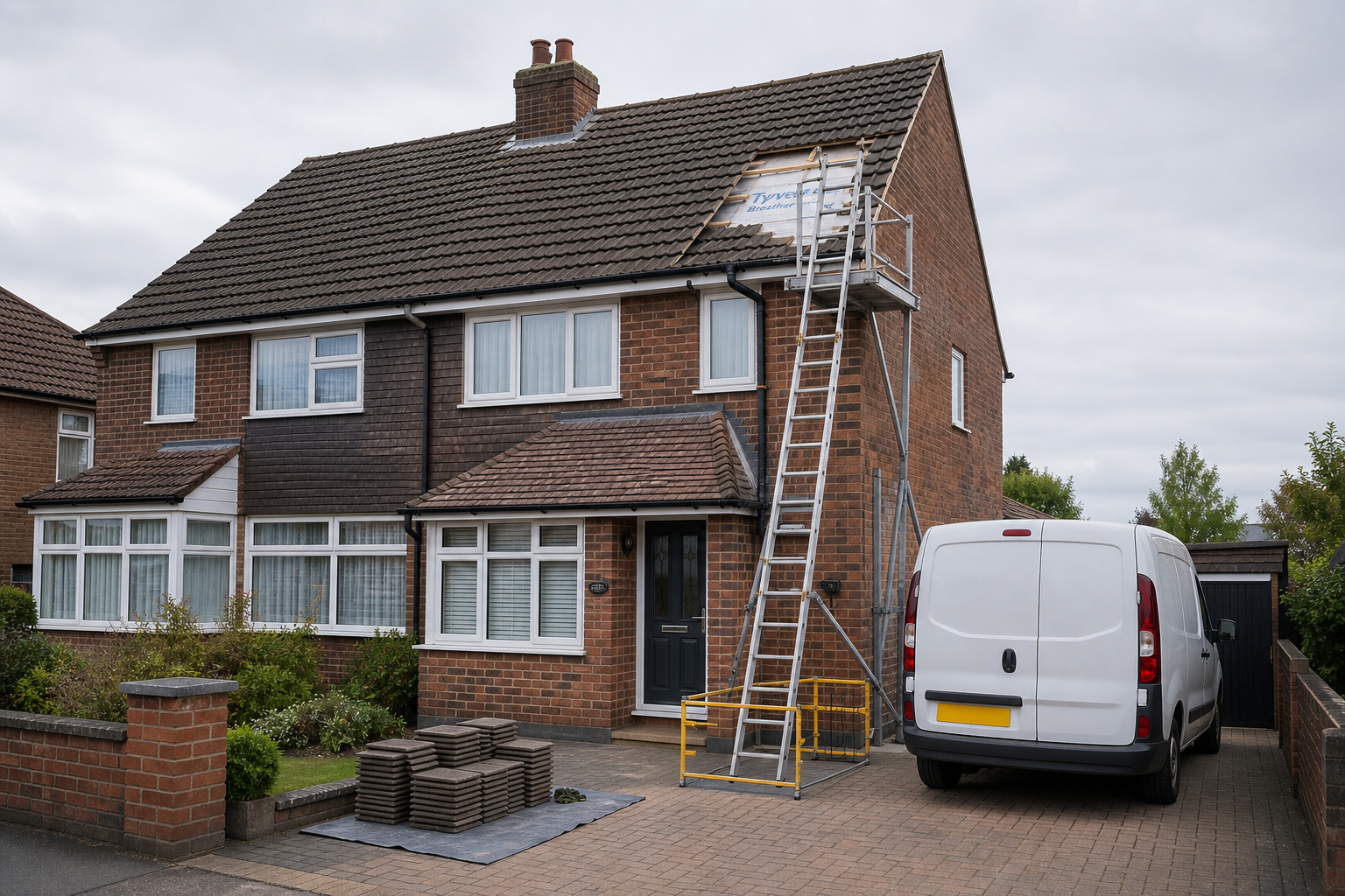 A semi-detached house undergoing roof maintenance, with scaffolding, a ladder, roof tiles, and a white van parked in the driveway.