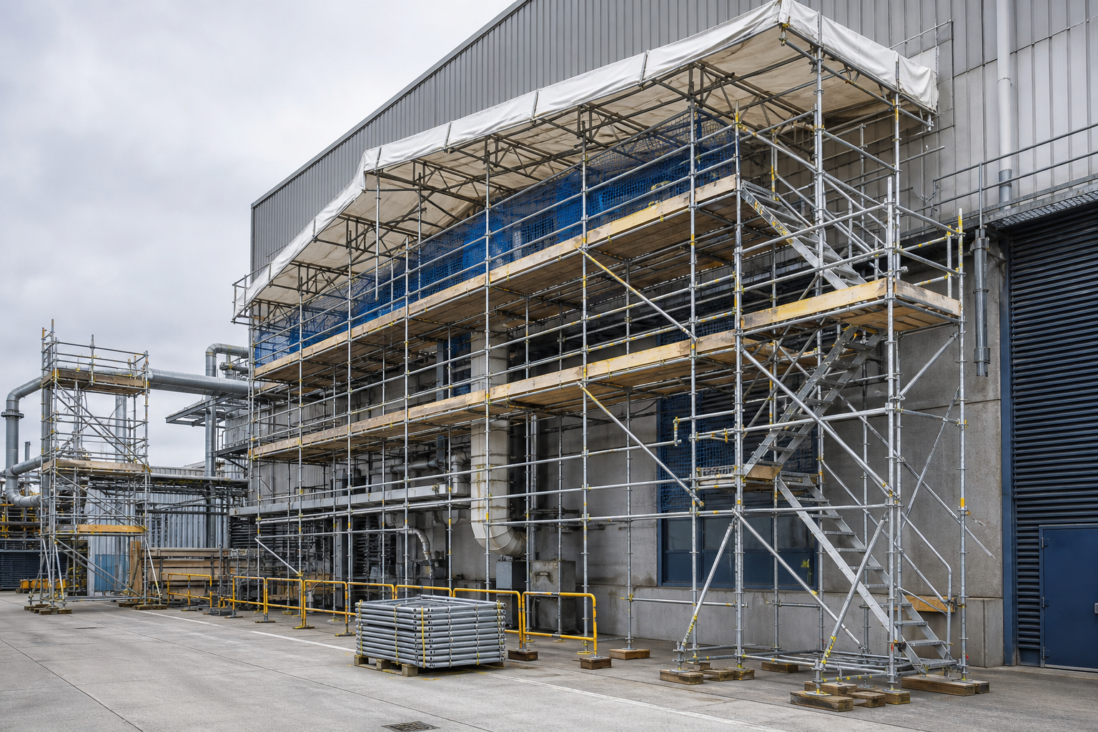 Scaffolding set up against a large industrial building under a cloudy sky.