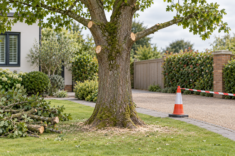 Tree with trimmed branches, surrounded by cut branches, a traffic cone, and red-and-white tape in a garden setting.