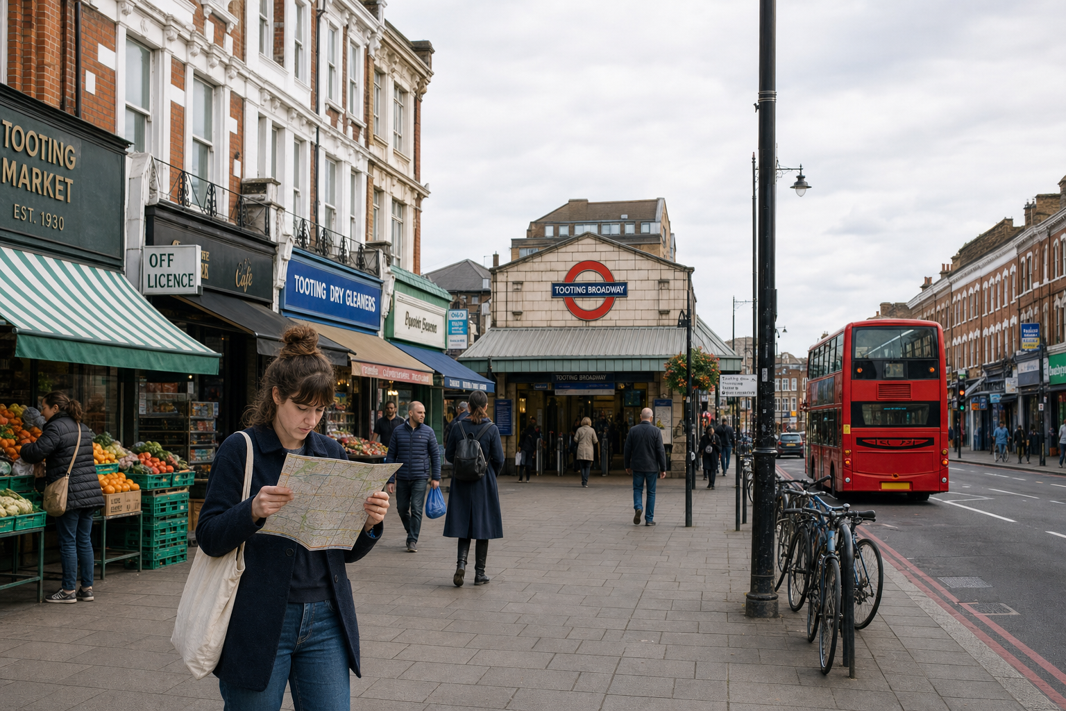 A woman reads a map on a busy London street near Tooting Broadway Underground station, with shops and a red double-decker bus nearby.