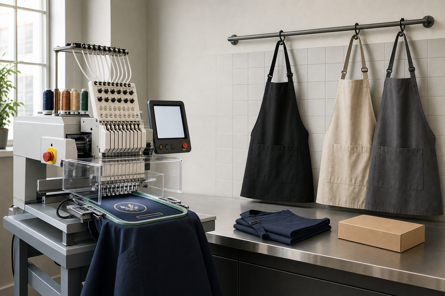 Industrial embroidery machine working on fabric, with aprons hanging in the background.