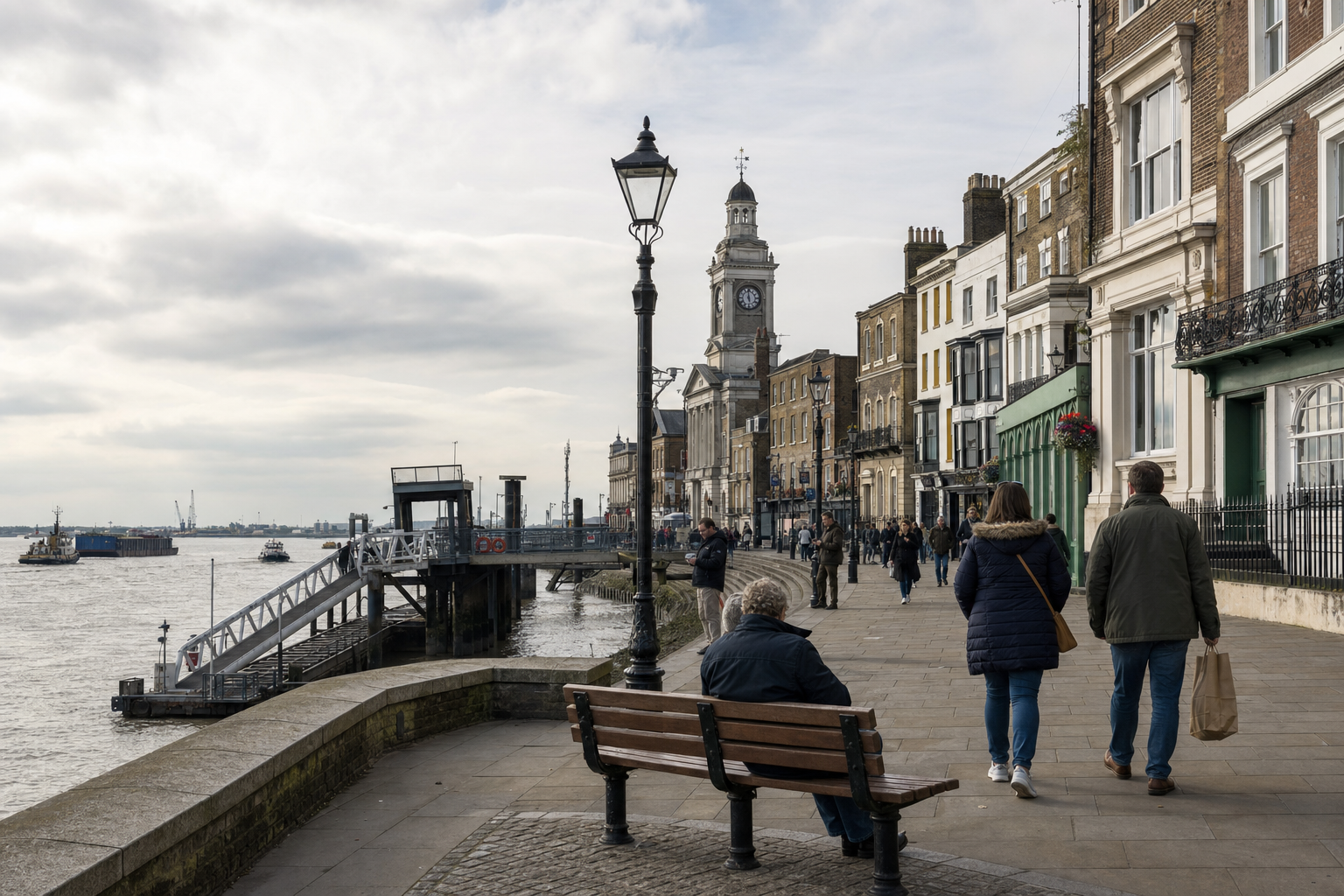 People stroll along a riverside promenade with a historic clock tower in the background.
