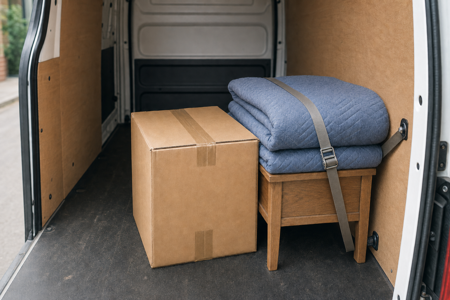 A cardboard box and a small wooden table secured with blankets inside a van.