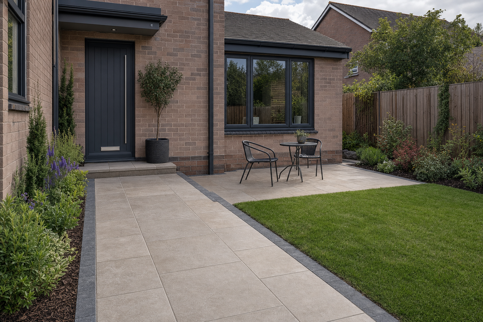 Modern patio with a small table and chairs, surrounded by lush garden greenery against a brick house exterior.