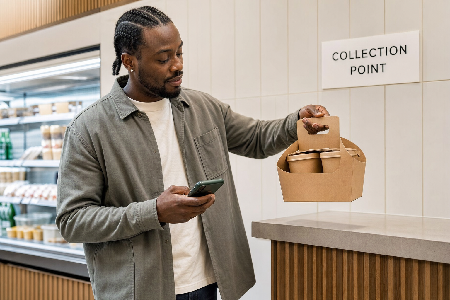 Man holding a food takeaway box while checking his phone at a collection point.