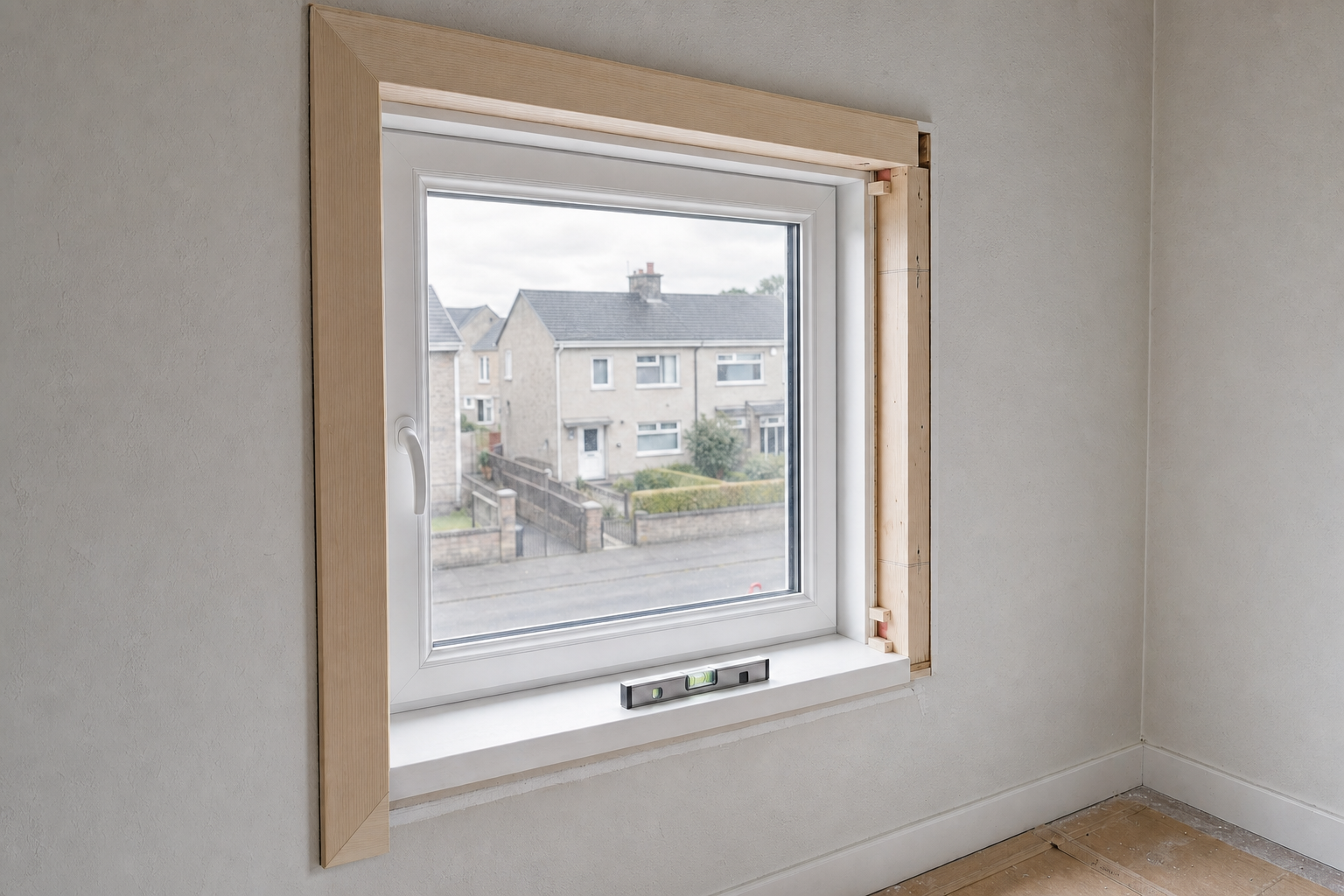 A newly installed window with a spirit level placed on the sill in a partially renovated room.