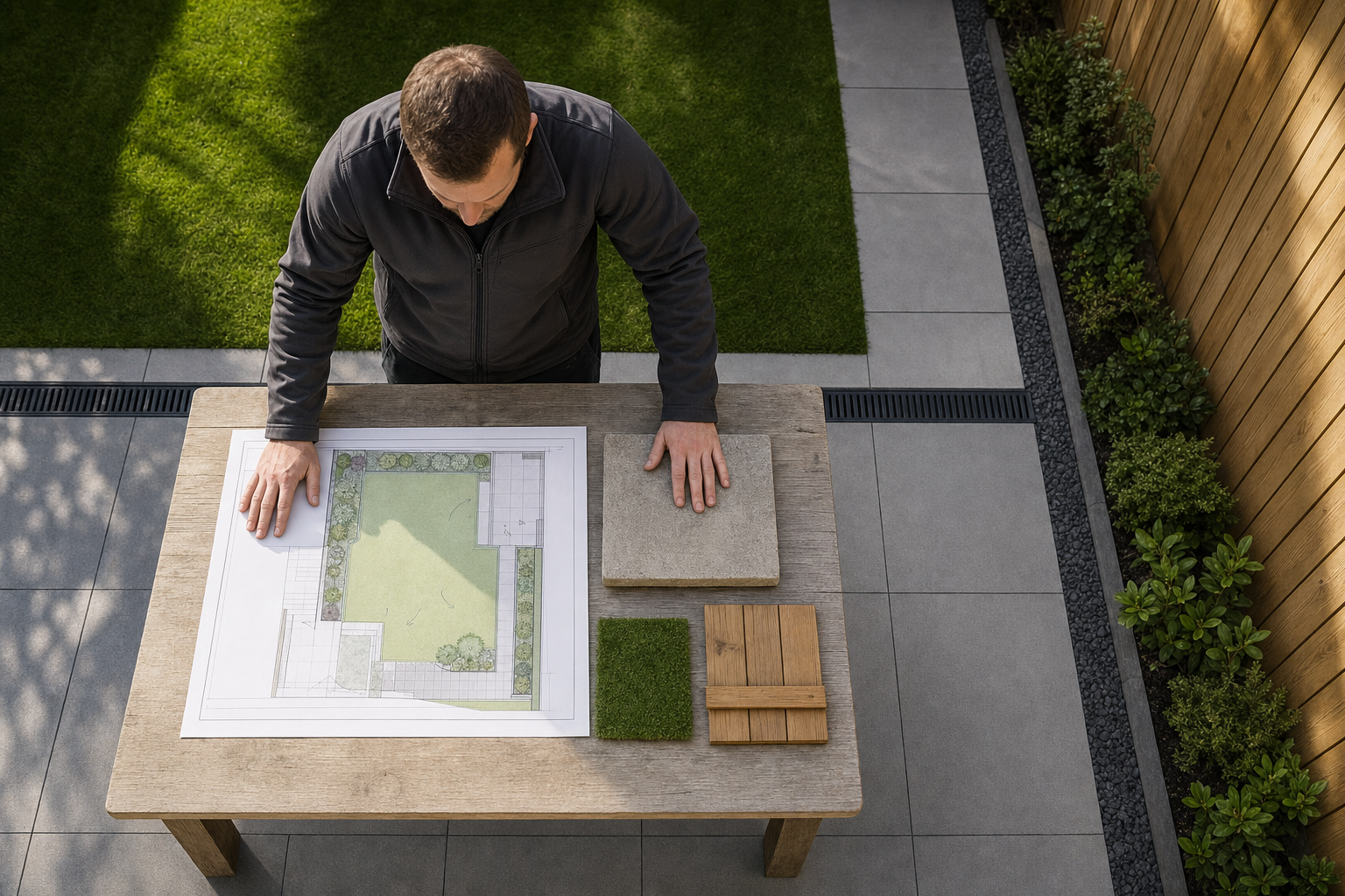 A person reviewing a garden design plan on a wooden table with material samples nearby in a landscaped outdoor setting.