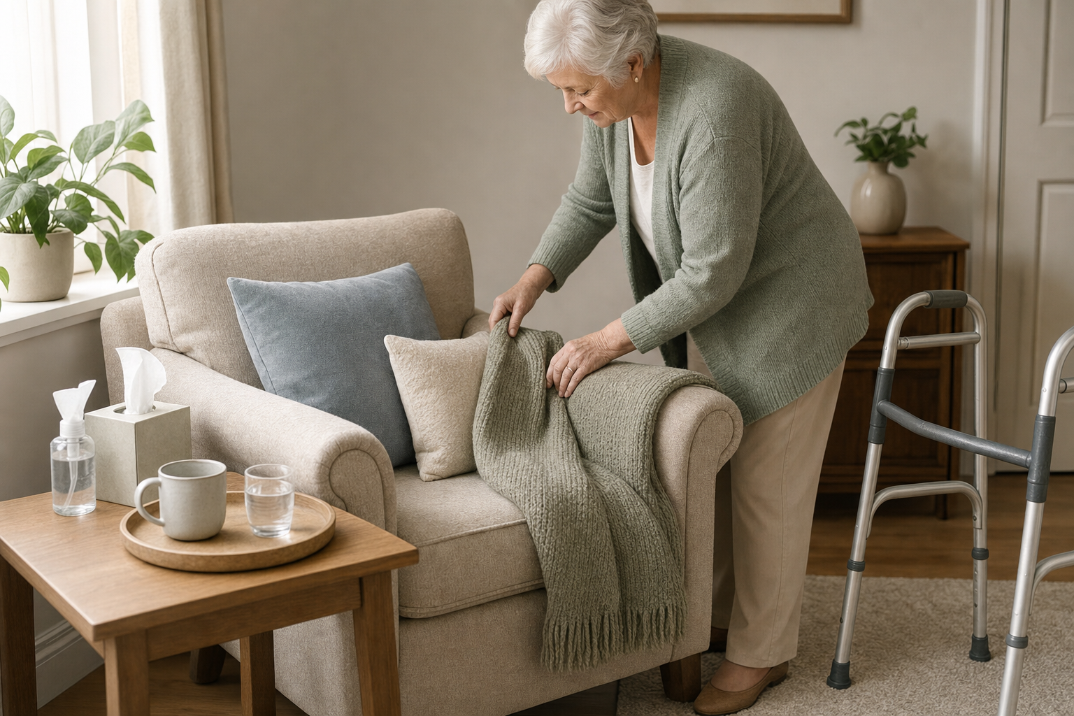 An elderly woman arranges a knitted throw on a cosy armchair next to a walker in a warmly decorated living room.
