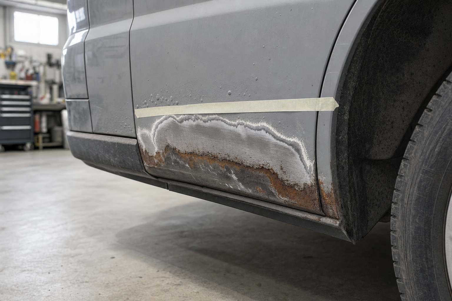 Car panel with visible rust damage and a strip of masking tape in a workshop setting.