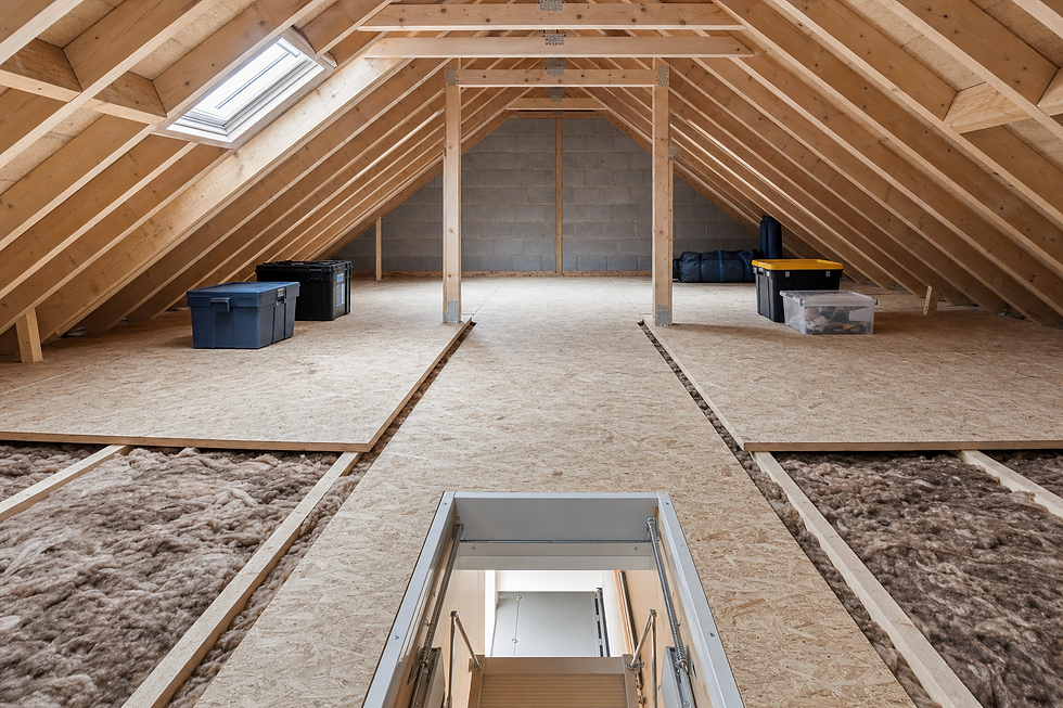 A neatly organised loft conversion with wooden beams, skylight, and storage boxes placed on the boards.