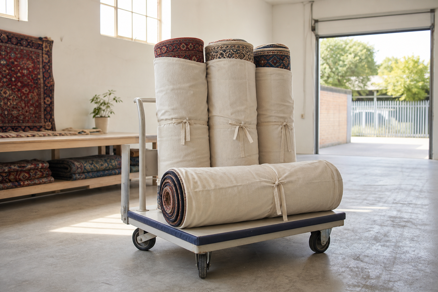 Four large rolled carpets wrapped in fabric are stacked on a trolley in a sunlit storage area.