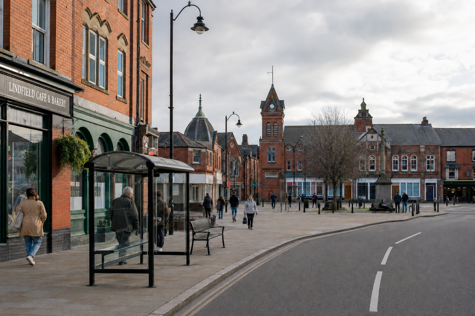 Urban scene with people walking past a café and a bus shelter on a street with historic brick buildings and cloudy skies.
