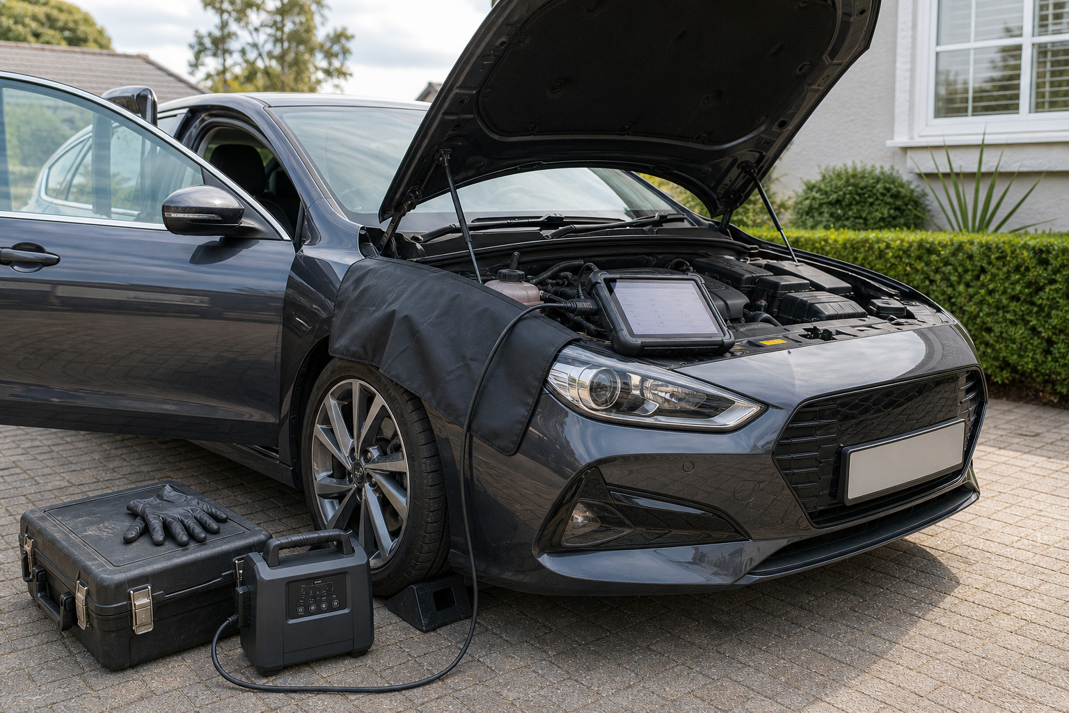 Car with hood open for diagnostics, surrounded by tools and equipment on a driveway.