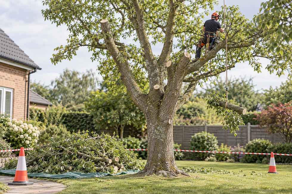 An arborist in a helmet trims a large tree in a garden, with branches gathered below and safety cones nearby.