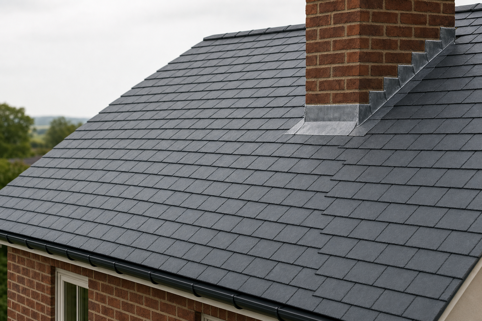A slate tile roof with a brick chimney and metal flashing.