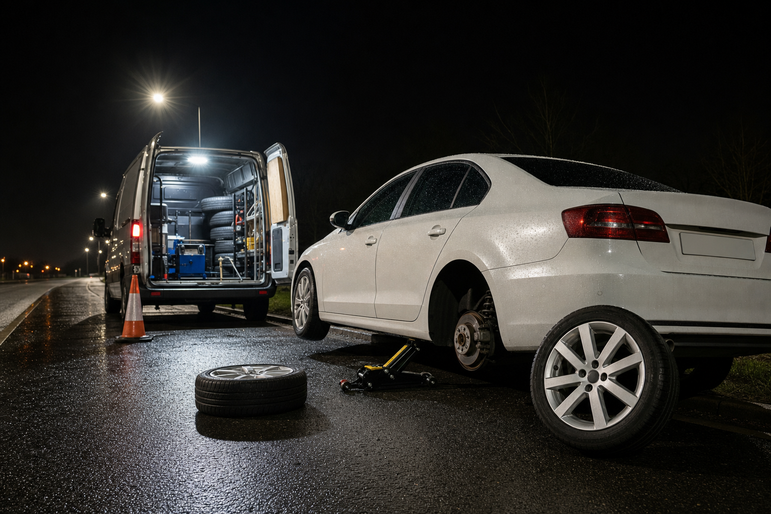A car with a missing tyre is being repaired by a mobile service van on a dimly lit road at night.