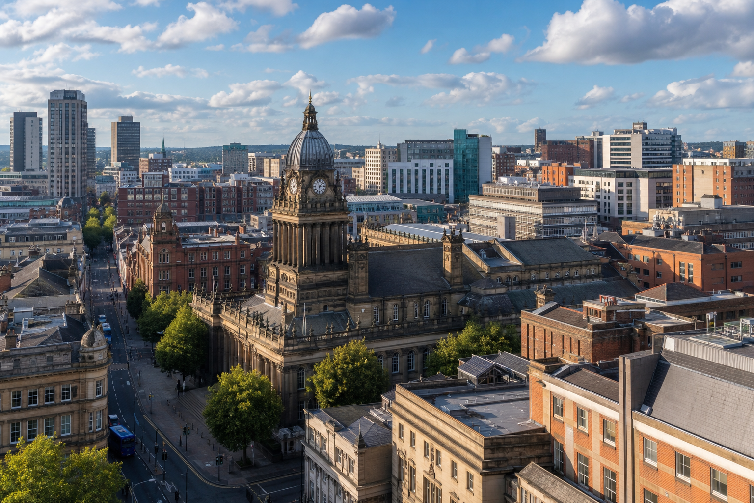Aerial view of a historic building surrounded by modern cityscape under a blue sky with scattered clouds.