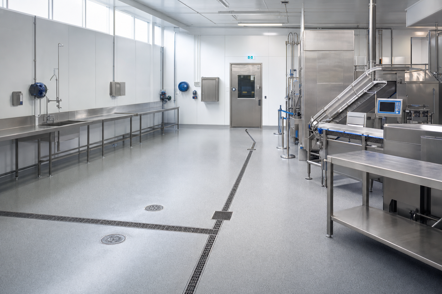 Modern industrial kitchen with stainless steel equipment and conveyor belt under bright ceiling lights.