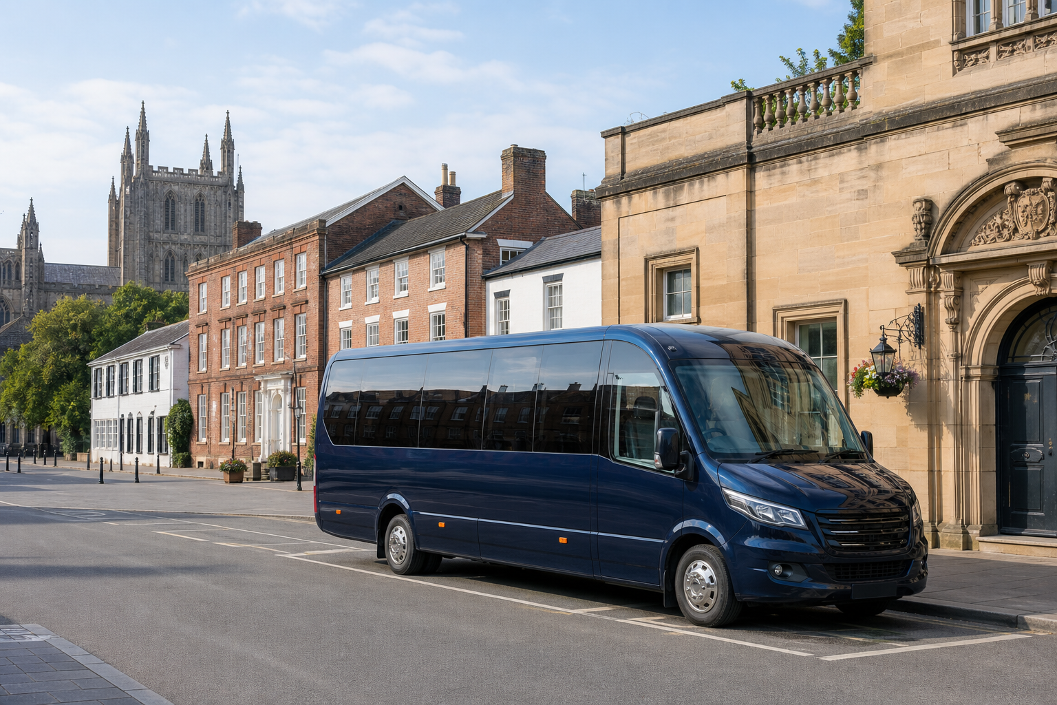 A blue minibus is parked on a quiet street with historic buildings and a cathedral in the background.