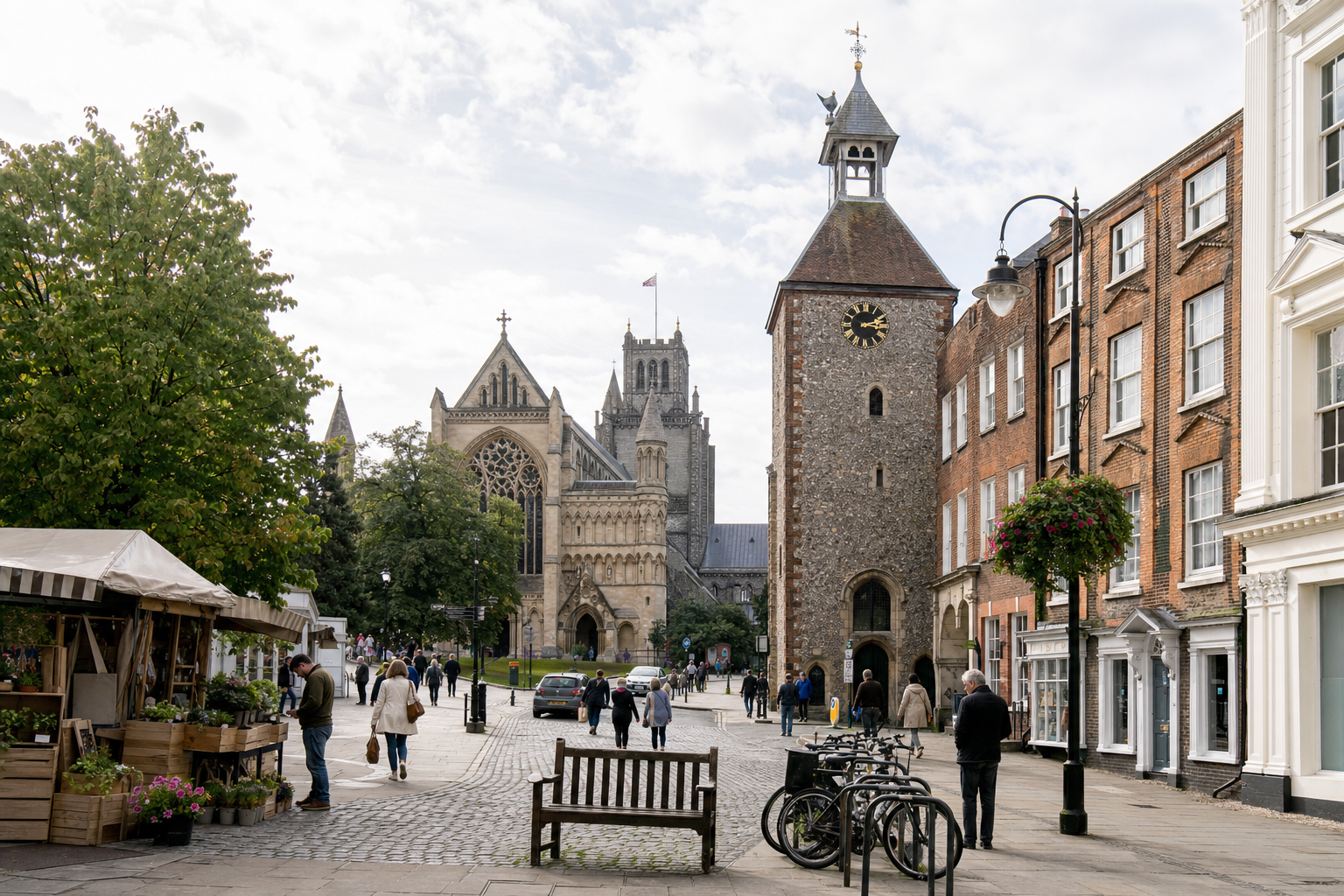 A historic street scene with a cathedral, a clock tower, and people browsing market stalls.