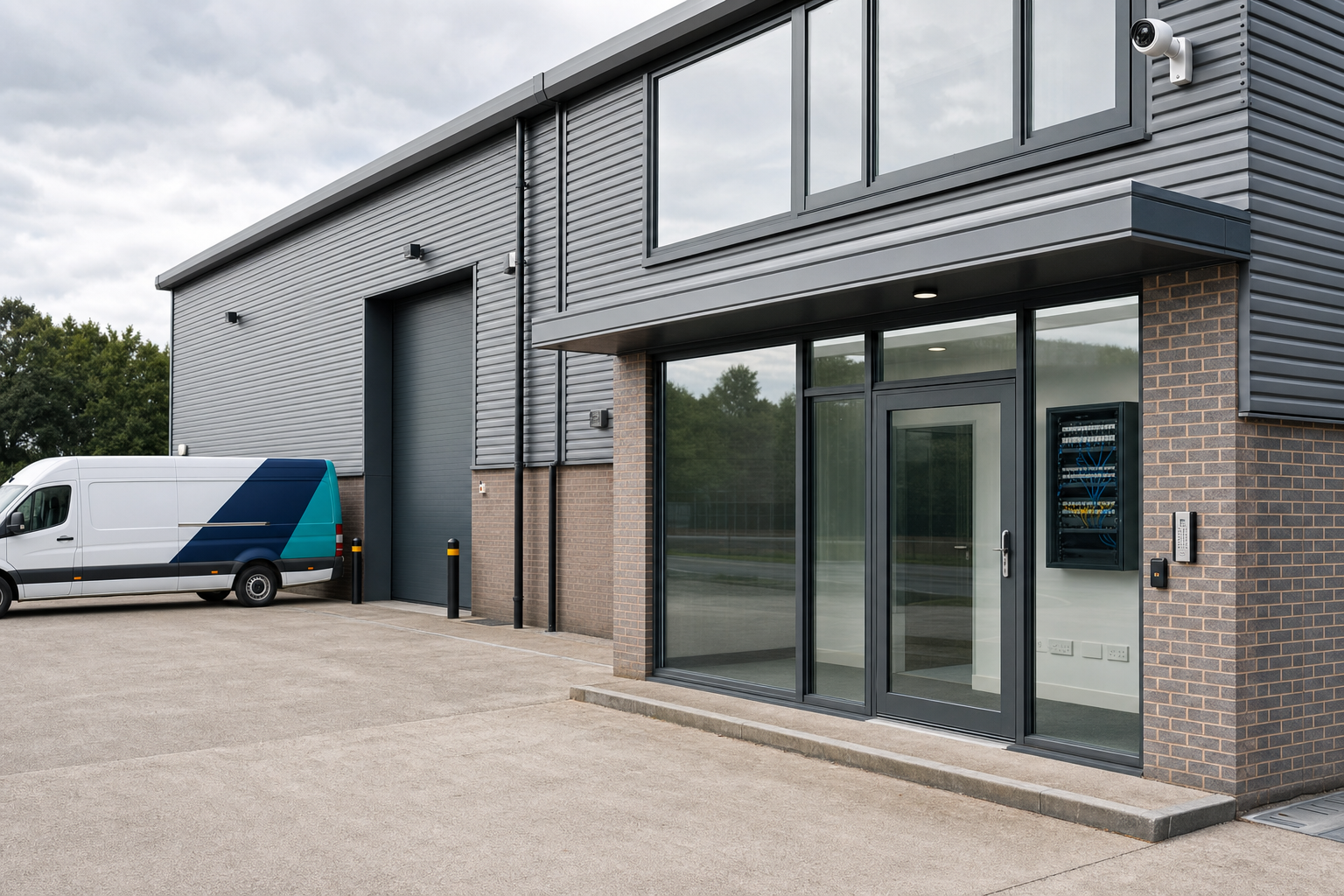 Modern industrial unit with large windows and a parked van on a concrete driveway.