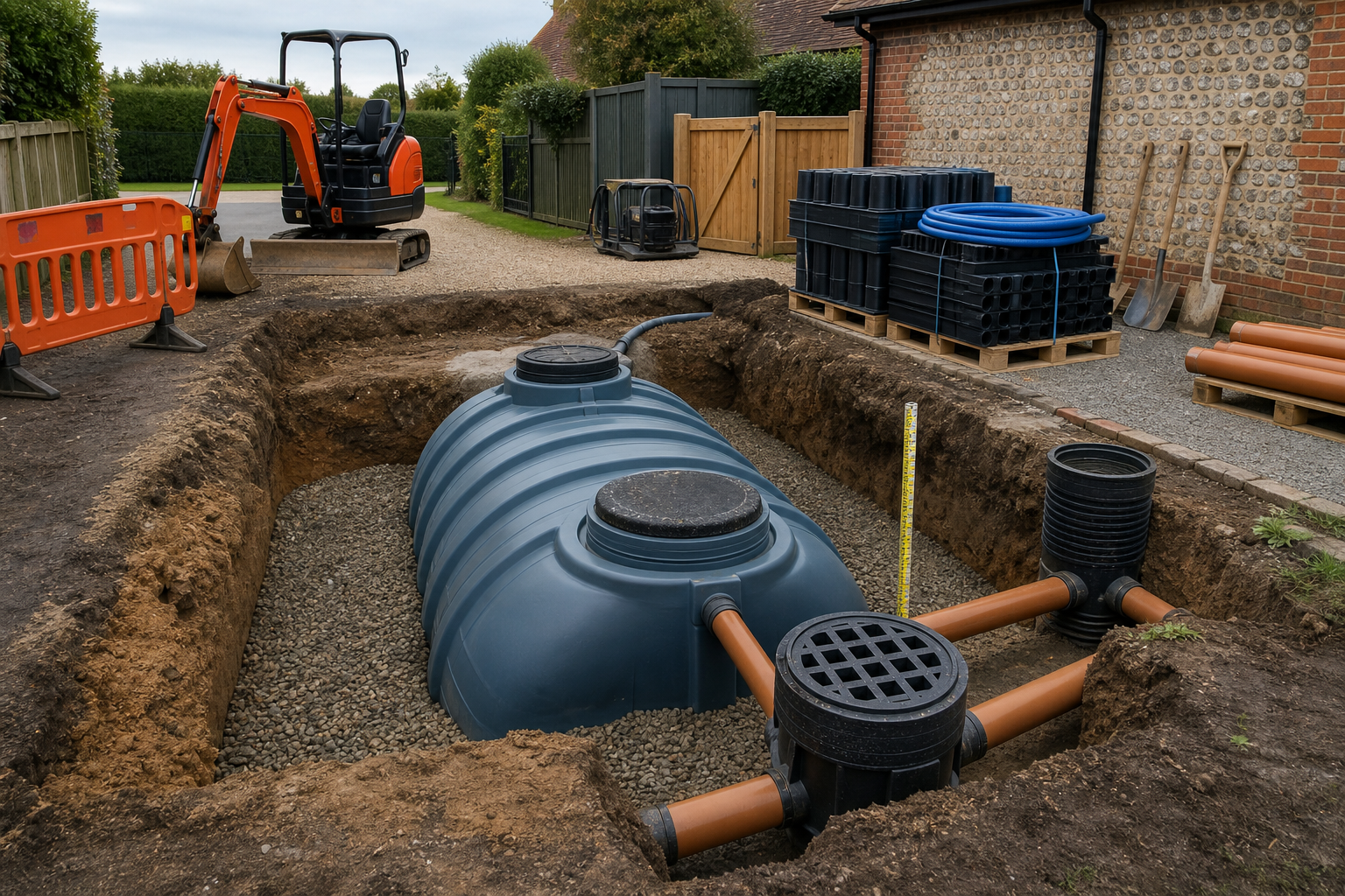 Excavator and materials beside an underground water tank installation.