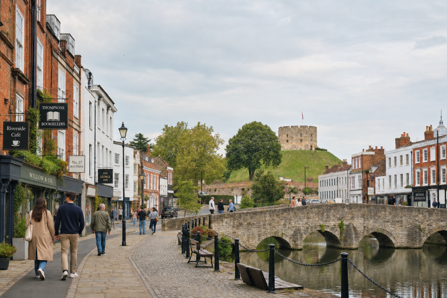 People walking along a charming street lined with shops near a stone bridge and historic castle on a grassy hill.