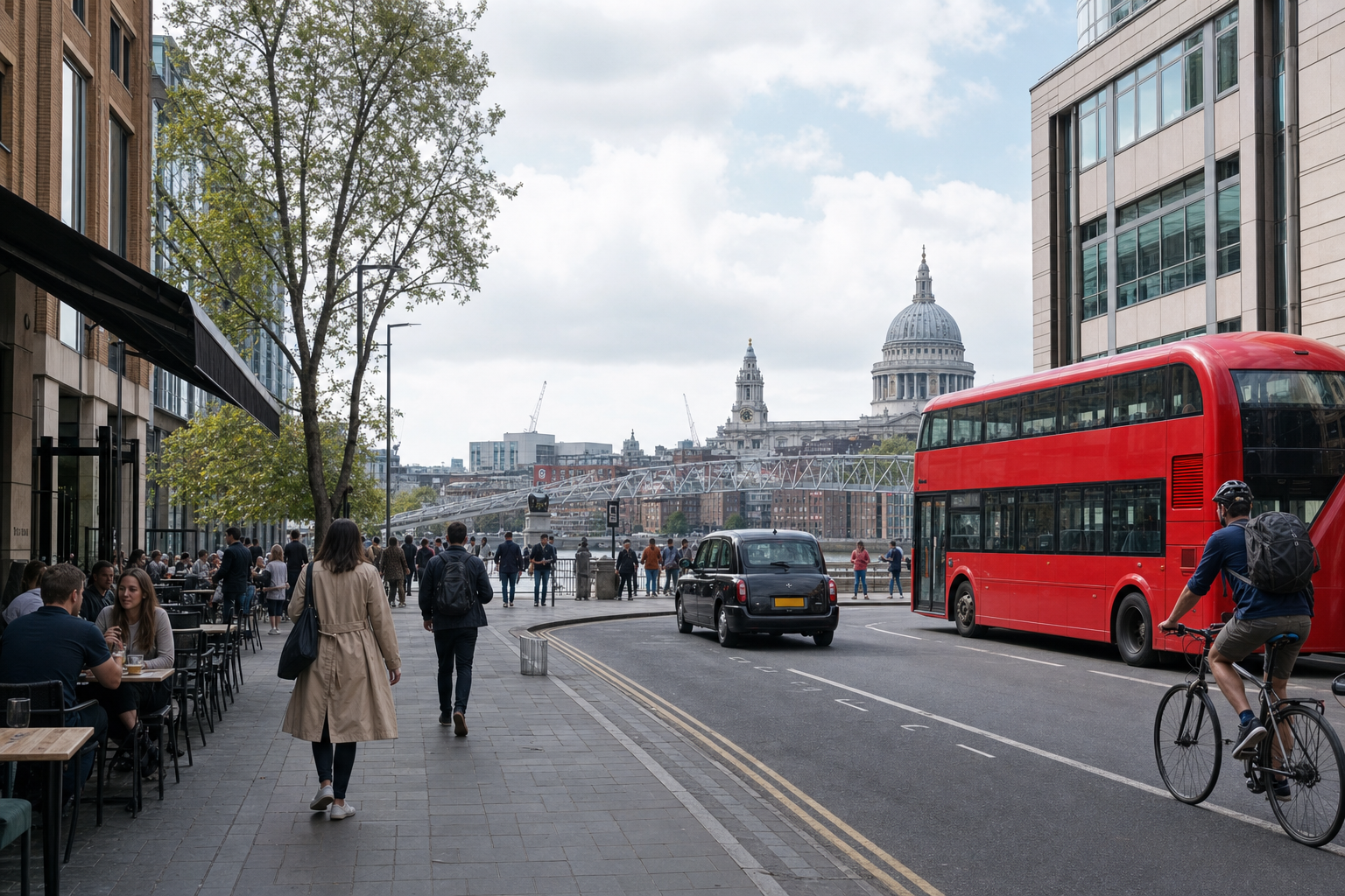 Street scene in London with people walking, a red double-decker bus, a cyclist, and St. Paul's Cathedral in the background.