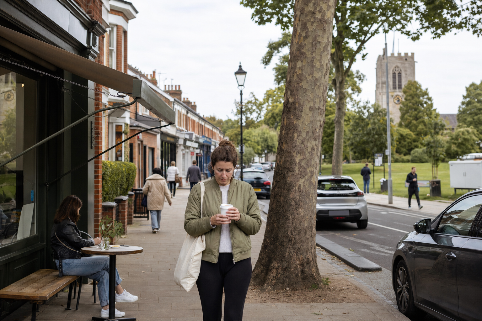 A woman in a green jacket walks along a tree-lined street holding a coffee, with a park and church in the background.